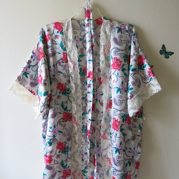 Vintage Delicates Women's Floral Lace Satin Robe With Belt One Size Fits All - Picture 1 of 12